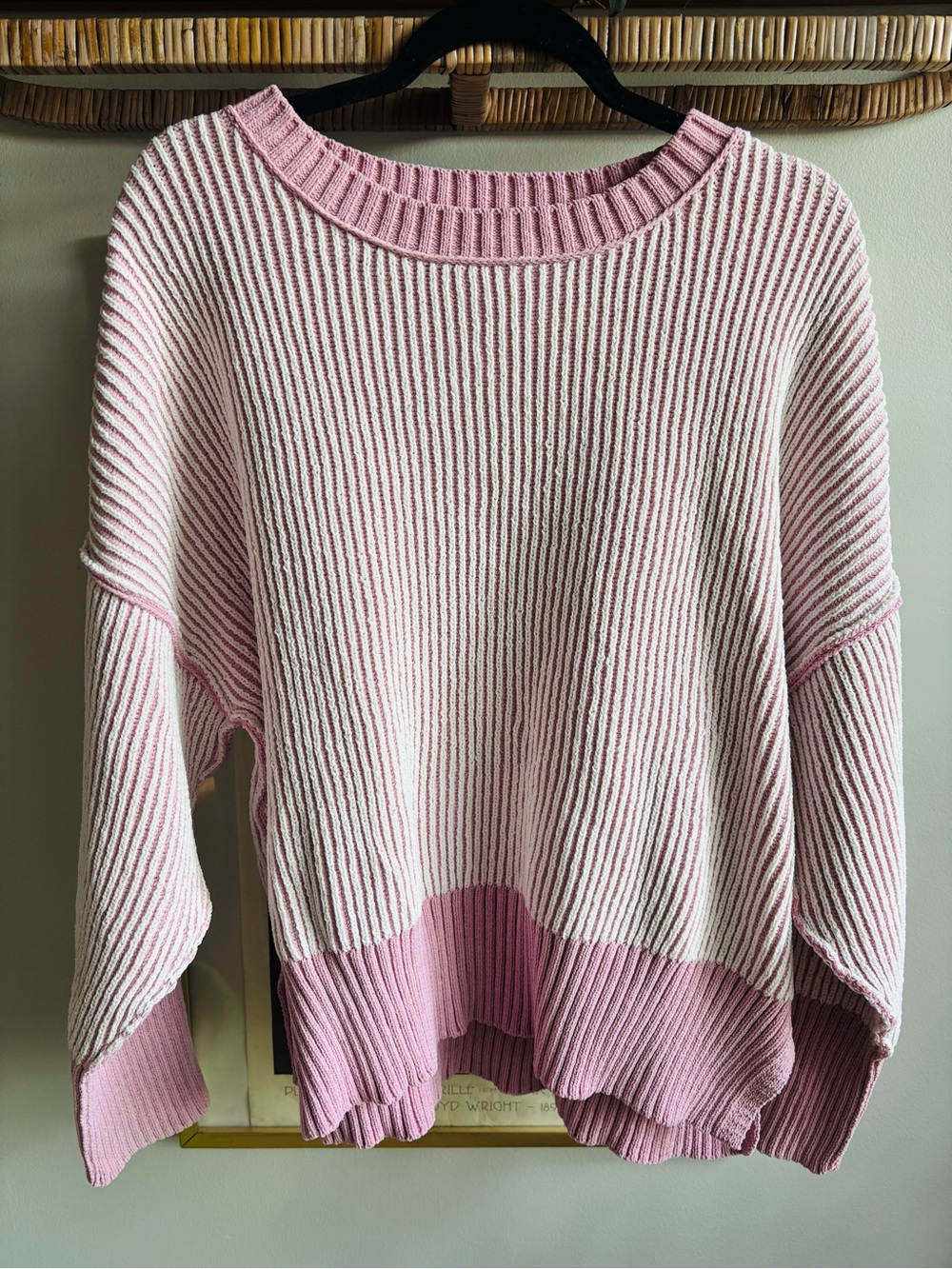 Altar'd State Pink and Cream Ribbed Colorblock Crewneck Sweater